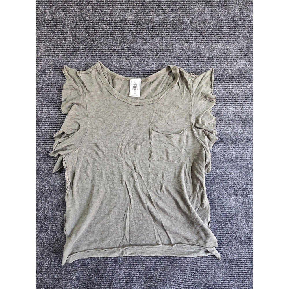 Free People We The Free Top Women Medium Gray Cotton Chest Pocket Flutter Sleeve